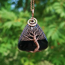 Black Agate Tree Of Life Wire Wrap Necklace, 10 Year Anniversary Gift for Him, 10th Wedding Anniversary Gift for Husband