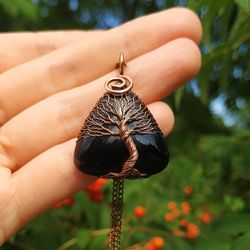 Black Agate Tree Of Life Wire Wrap Pendant, 10th Wedding Anniversary Gift for Husband, 10 Year Anniversary Gift for Him