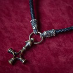 Wolf cross viking pendant on black leather cord. Pagan handcrafted necklace. Authentic Thor hammer jewelry. Replica