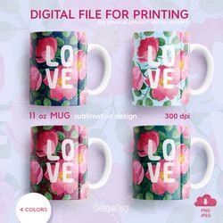 Valentine's Day Set, 11oz Mug Sublimation Designs with Dog Rose, PNG JPEG Digital Download