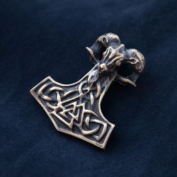 Massive Mjolnir Thor Hammer pendant with ram head. Tanngrisnir and Tanngnjostr goats. Odin jewelry. Heavy handmade art