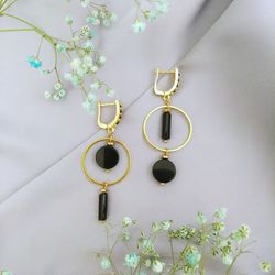 black onyx statement earring geometric earring chandelier gemstone minimalist jewelry asymmetrical earing mismatched