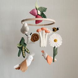 Girl baby mobile- Strawberries, birds, mushrooms, green peas, snail baby mobile