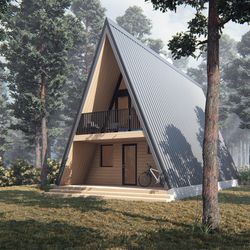 Medium A Frame cabin with loft and balcony has an open floor plan with wide windows,