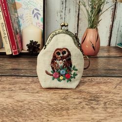 Coin Purse with Owl, Cottagecore bag, Handmade gift, Textile bag, Cottagecore