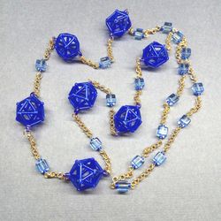Blue long geometric beaded necklace