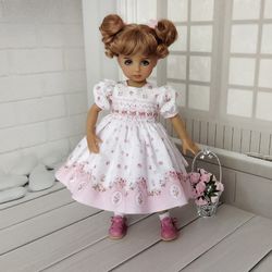 White and rose 13 inch Little Darling smocked dress with hand embroidery