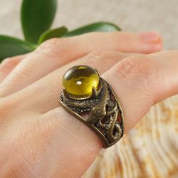 Snake Ring Lemon Yellow Glass Bronze Snake Adjustable Ring Large Statement Gothic Unisex Free Size Ring Jewelry 6803