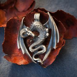 Dragon pendant on black leather cord. Gothic viking necklace. Scandinavian mythology. Pagan handmade jewelry