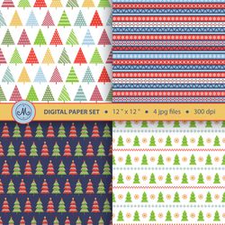 Christmas tree digital paper, festive seamless patterns, holiday backgrounds, printable