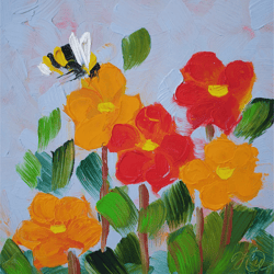 Bee Painting Poppy Original Art Floral Wall Art Flower Artwork Impasto Oil Painting