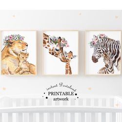 Set of African animals Moms and Babies flowers crowns for Baby Shower Gift Nursery wall art Decor Animal baby prins