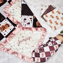 Personalized Matching Baby Gift, Highland Cow Minky Blanket, Baby Blanket gift Set-Knit Swaddle Blanket- Burp Cloths