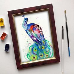 8x11 inch Watercolor original peacock bird room wall decor painting by Anne Gorywine