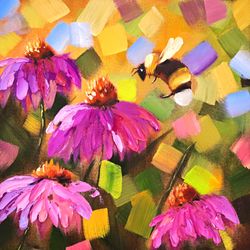 Bee Oil Painting Flower Original Art Impasto Painting Daisy Artwork Canvas Art 10" by 10" by D. Vyazmin