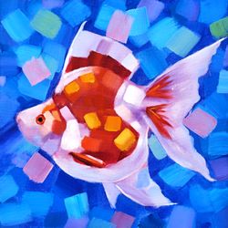 Goldfish Painting Fish Original Art Animal Small Artwork Oil Painting 10" by 10" by D. Vyazmin