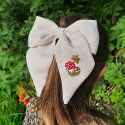 Hair bow, bow with embroidery, mori kei, cottagecore mushroom bow,lolita hair bow, Goblincore