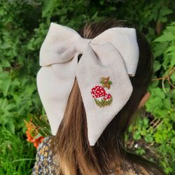 hair bow, bow with embroidery, mori kei, cottagecore mushroom bow,lolita hair bow, goblincore
