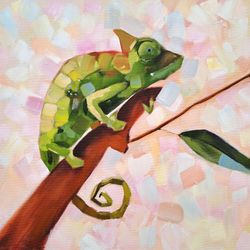 Chameleon Painting Lizard Original Art Animal Oil Painting Tropical Wall Art 16" by 16" by D. Vyazmin