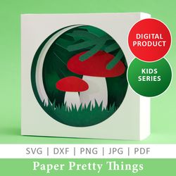 mushrooms under christmas trees in the forest 3d tunnel card, pop-up papercut template, diy, vector svg dxf pdf, jpg png