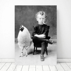 Vintage photo printable Smoking Boy With Chicken, Vintage Photo Print, Black and White Photo, Photo Art Print, Strange A