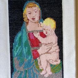 Embroidered picture. Madonna and Child. Raphael.