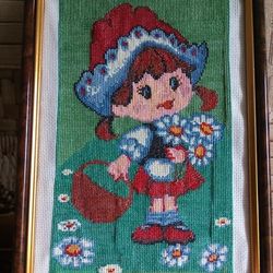 embroidered picture. red riding hood. children's picture.