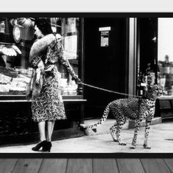 Vintage photo printable Woman with Leopard on a Leash, Vintage Photo Cheetah and Lady, Black and White Photo, Fashion Ph