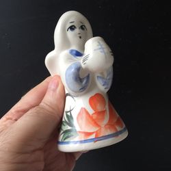 Unique Ceramic Candle Holder | Angel Sculpture Candle Holder | Russian Folk Art Style Gzhel with red rose