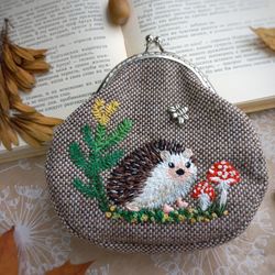 Card holder wallet, coin purse, mushroom tote bag, keychain wallet, hedgehog clasp wallet, clasp wallet Cottagecore
