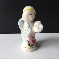 Ceramic Candle Holder | Angel Sculpture Candle Holder | Russian Folk Art Style Gzhel With Red Rose