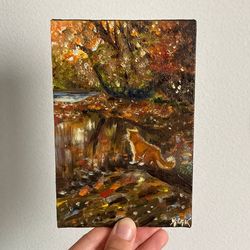 Original Small Oil Painting, Cat Mini Art, Autumn Painting, Mini Canvas Art, Small Wall Decor