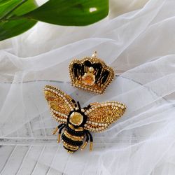 Gold Bee brooch, crown brooch, set brooches for women, handmade jewelry, gift for her