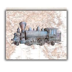 Train on the map of China Printable print Vintage locomotive Digital decor