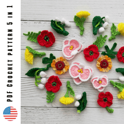 Crochet mini flowers pattern, amigurumi tiny plants, 5 in 1 PDF by CrochetToysForKids