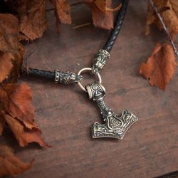 Mjolnir pendant on leather cord. Thor Hammer handmade jewelry. Viking rune Valknut necklace. Scandinavian Pagan mascot