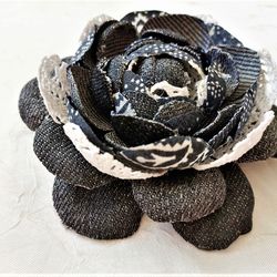 Black denim flower pin, Denim flower brooch, Black denim and lace brooch, Denim jeans brooch, Black Rose denim brooch