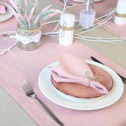 Pink natural linen table runner / Custom kitchen cloth table runner / Handmade dining table top /  Wedding table runner