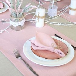 pink natural linen table runner / custom kitchen cloth table runner / handmade dining table top /  wedding table runner