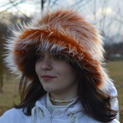 Ginger faux fur bucket hat. Festival fuzzy neon hat. Ginger with white fluffy hat. Rave bucket hat. Bright shaggy hat.