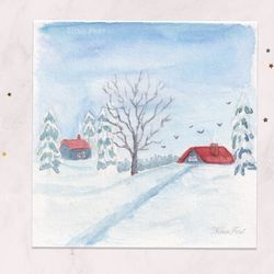 Mini painting 3x3 Red house painting Winter painting postcard Original watercolor painting Tiny painting