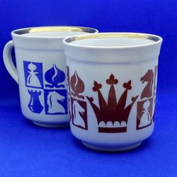 Soviet Vintage Porcelain Mug Chess. Set 2 psc. Mug With Chess Pattern USSR