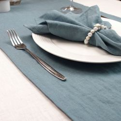 dusty blue linen table runner / custom kitchen cloth table runner / handmade natural dining table top