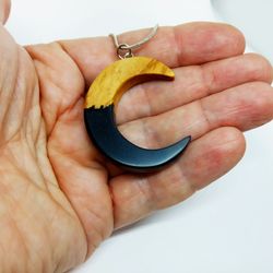 Muslim crescent pendant Moon phase necklace Resin wood pendant
