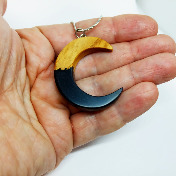 Muslim crescent pendant Moon phase necklace Resin wood pendant.jpg