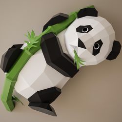 DIY Paper Panda on bamboo, papercraft model, polygonal paper craft, papercraft PDF template, 3D origami pepakura,