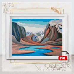 auyuittuq national park cross stitch pattern, nature counted cross stitch chart, mountain, hoop art, instant downloa