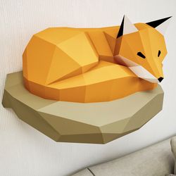 Papercraft Fox on rock, paper model, 3d paper craft, paper sculpture PDF template, low poly animals papercraft
