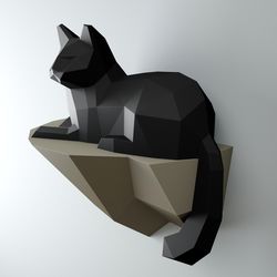 Papercraft Cat on a rock, Wall construction, 3D paper craft sculpture, Paper model Cat, DIY decor gift, PDF pattern