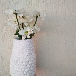 Small white for eco friendly home decor with glass vase inside, crochetet